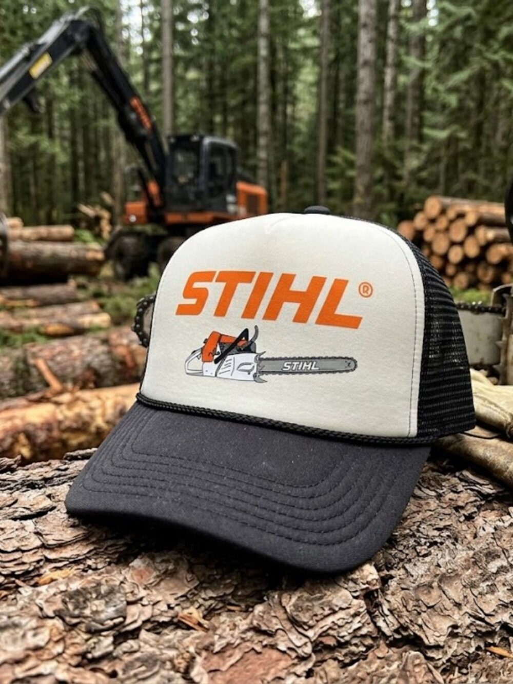 Chainsaw Hat Forestry Logger Graphic Print White Black Foam Rope Trucker Cap New